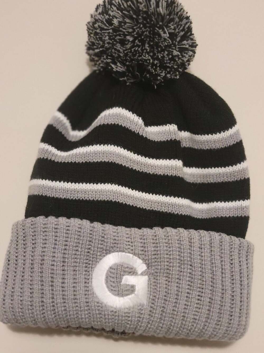 Richardson Black and Grey Striped Cuffed Knit Pom Beanie Hat with G Logo